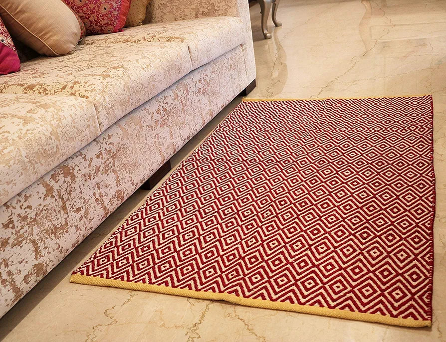 THE HOME TALK Handmade Cotton Carpet | Diamond Reversible Mats | Area Rugs for Bedroom, Center Table, Living Room, Drawing Room, Hall | Machine Washable | 3 x 5 Feet | Red
